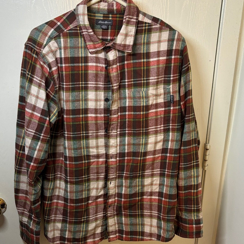 Eddie Bauer Men's Burgundy, White, Red-Orange, and Green Plaid Button-Up Shirt